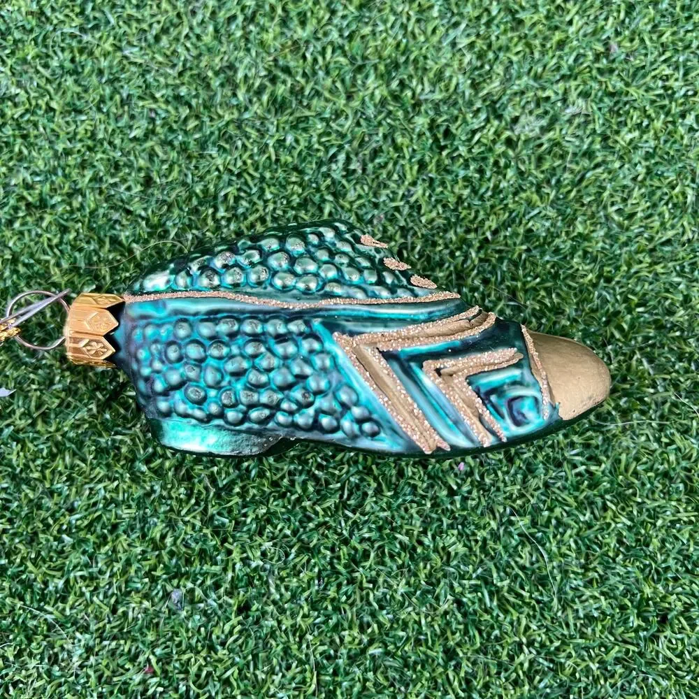 Vintage Home for the Holidays Teal Gold Hand Blown Glass Boot Shoe Ornament